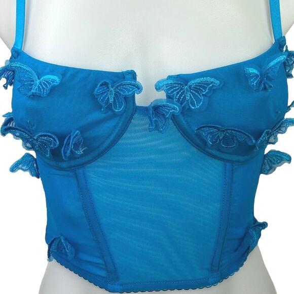 Forever 21 Blue Butterfly Applique Split Scoop Neck Corset Bustier Tank Top Sz S - Picture 3 of 5